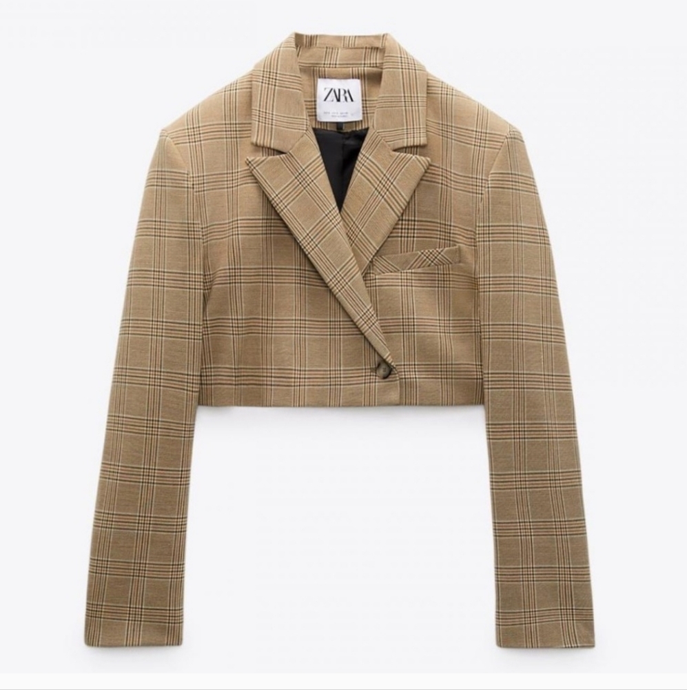NWT Zara Cropped Blazer Brown Plaid Size Medium